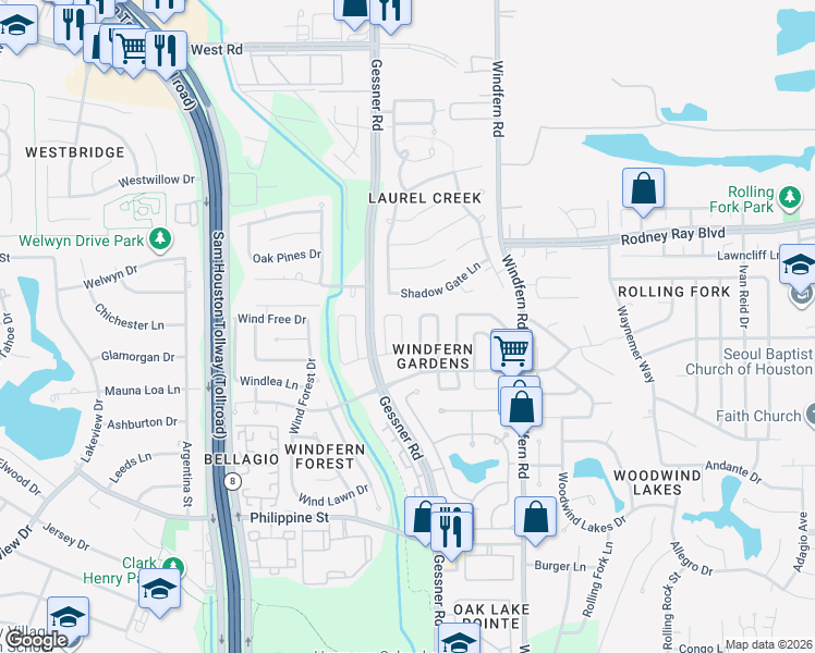 map of restaurants, bars, coffee shops, grocery stores, and more near 8335 Wind Willow Drive in Houston