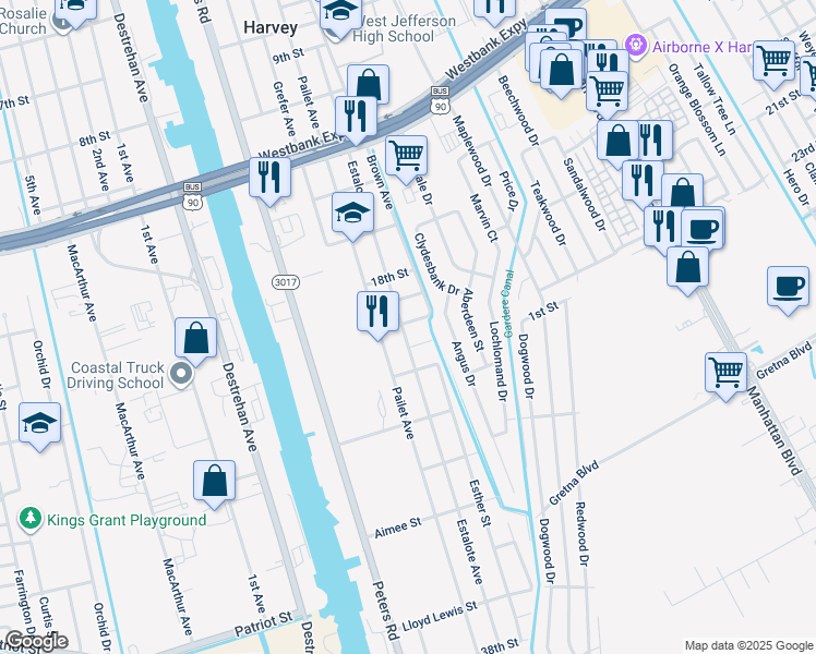 map of restaurants, bars, coffee shops, grocery stores, and more near 1301 Estalote Avenue in Harvey