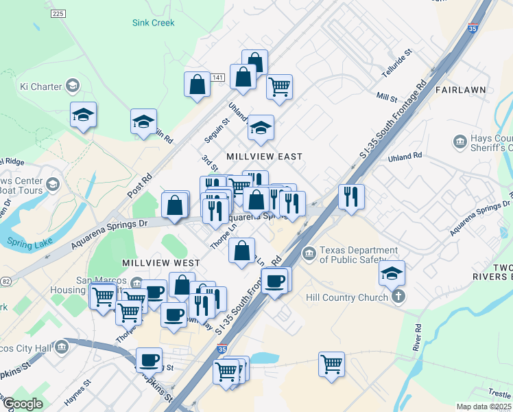 map of restaurants, bars, coffee shops, grocery stores, and more near 1617 Aquarena Springs Drive in San Marcos