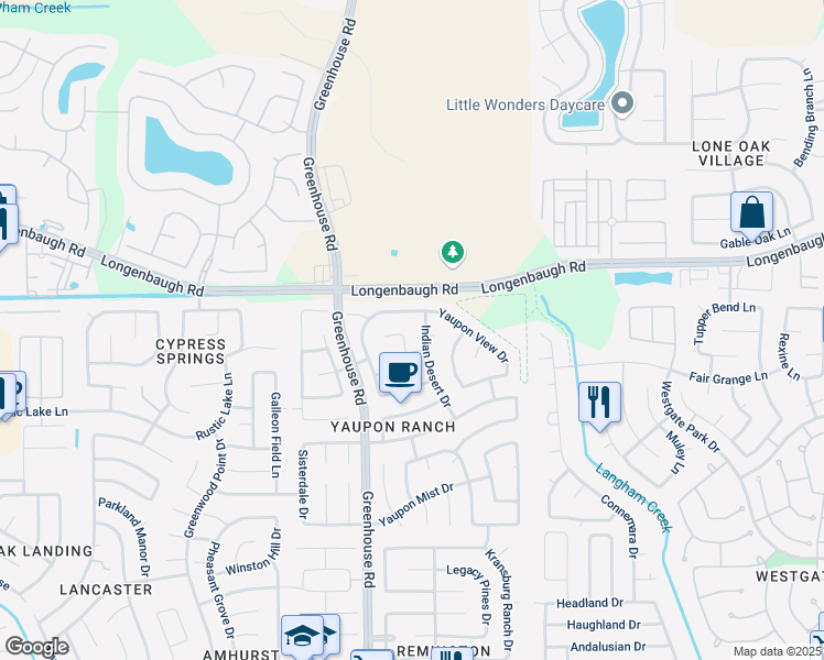 map of restaurants, bars, coffee shops, grocery stores, and more near 8115 Indian Desert Drive in Cypress