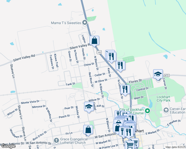 map of restaurants, bars, coffee shops, grocery stores, and more near 1003 North Blanco Street in Lockhart