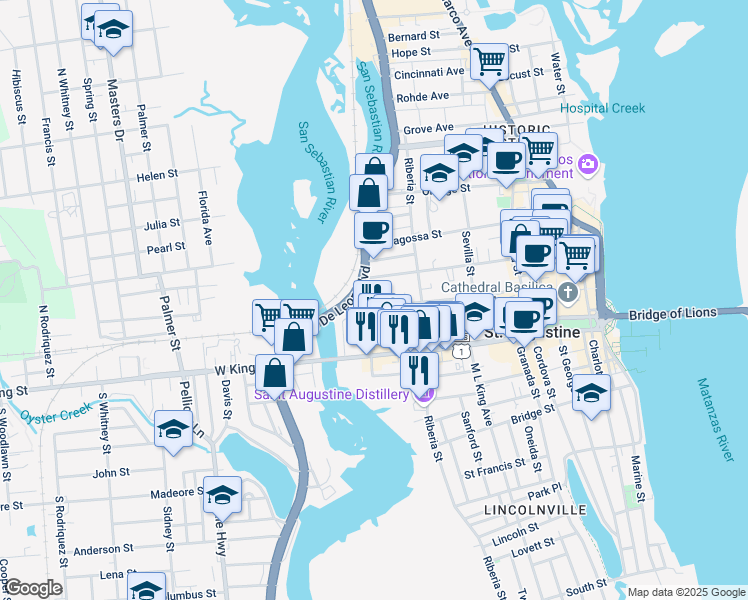 map of restaurants, bars, coffee shops, grocery stores, and more near 170 Malaga Street in St. Augustine