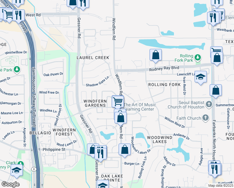 map of restaurants, bars, coffee shops, grocery stores, and more near 8334 Silvan Wind Lane in Houston