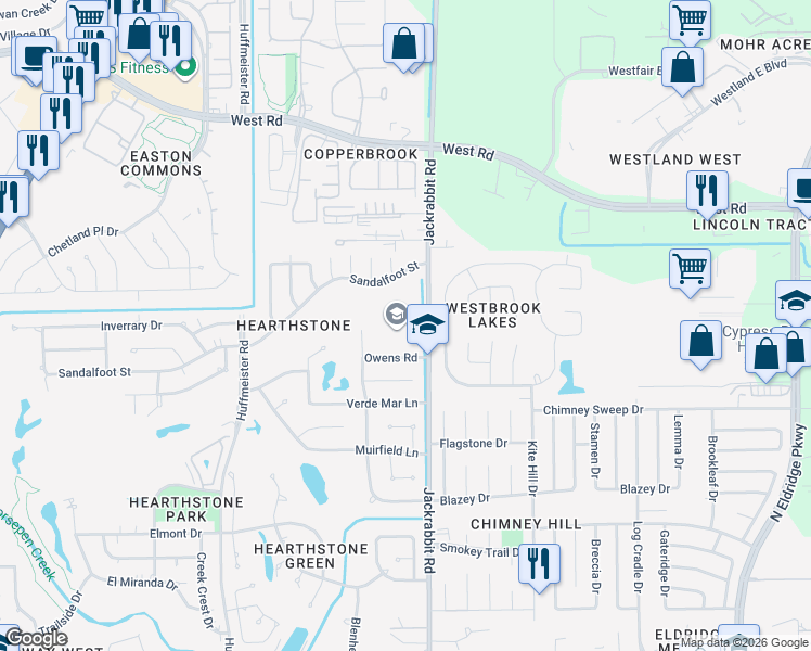 map of restaurants, bars, coffee shops, grocery stores, and more near 7939 Jackrabbit Road in Houston