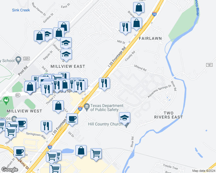map of restaurants, bars, coffee shops, grocery stores, and more near 1600 North Interstate 35 in San Marcos