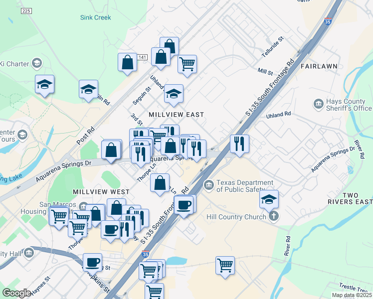 map of restaurants, bars, coffee shops, grocery stores, and more near 1631 Aquarena Springs Drive in San Marcos