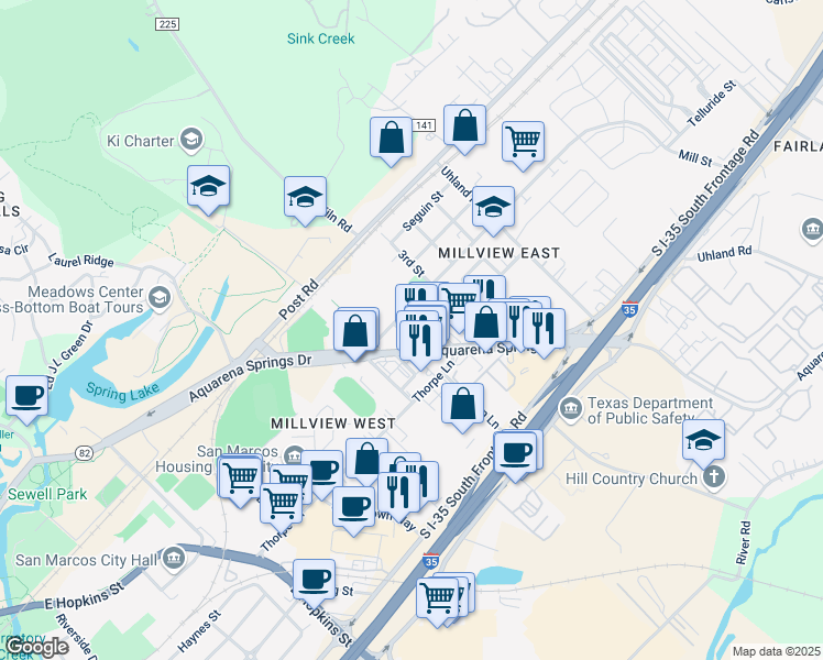 map of restaurants, bars, coffee shops, grocery stores, and more near 103 Meiners Street in San Marcos
