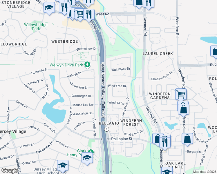 map of restaurants, bars, coffee shops, grocery stores, and more near 8426 Windfall Lane in Houston