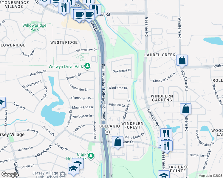 map of restaurants, bars, coffee shops, grocery stores, and more near 8426 Windfall Lane in Houston