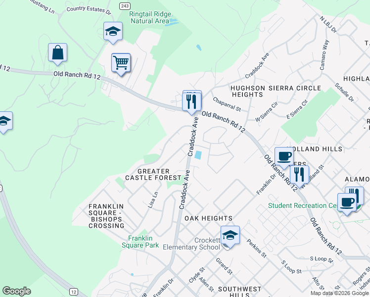 map of restaurants, bars, coffee shops, grocery stores, and more near 1601 Ramona Circle in San Marcos