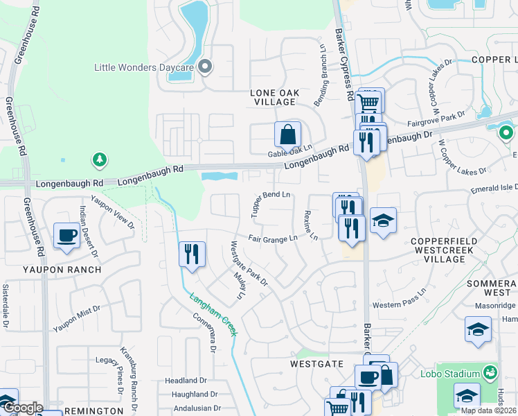 map of restaurants, bars, coffee shops, grocery stores, and more near 18238 Foley Park Court in Cypress