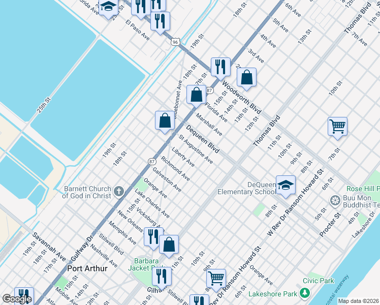 map of restaurants, bars, coffee shops, grocery stores, and more near 2325 14th Street in Port Arthur