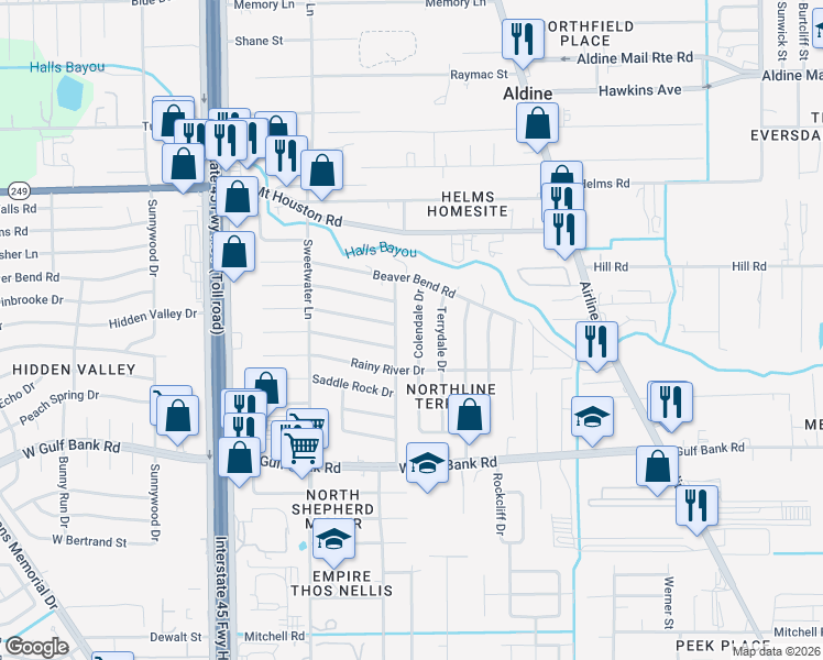 map of restaurants, bars, coffee shops, grocery stores, and more near 9231 Colendale Drive in Houston