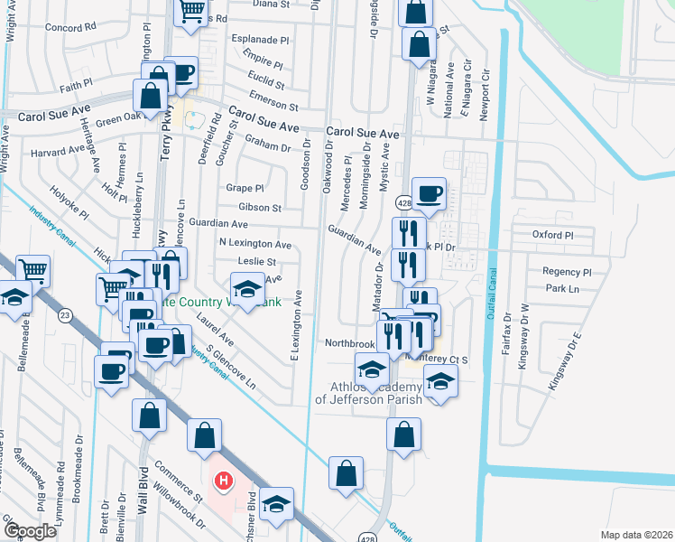 map of restaurants, bars, coffee shops, grocery stores, and more near 837 Oakwood Drive in Terrytown