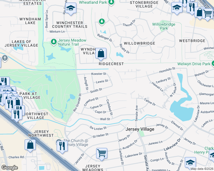 map of restaurants, bars, coffee shops, grocery stores, and more near 16226 Smith Street in Jersey Village
