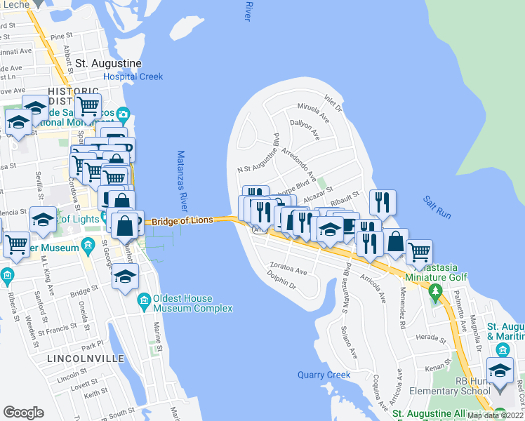 map of restaurants, bars, coffee shops, grocery stores, and more near 12 Alcazar Street in St. Augustine