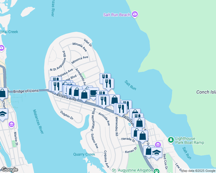 map of restaurants, bars, coffee shops, grocery stores, and more near 57 Comares Avenue in St. Augustine