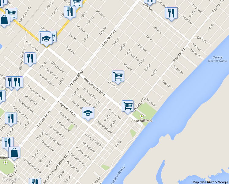 map of restaurants, bars, coffee shops, grocery stores, and more near 2933 7th Street in Port Arthur