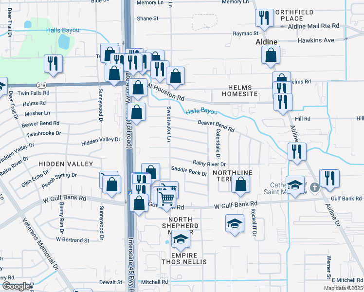 map of restaurants, bars, coffee shops, grocery stores, and more near 546 Rocky Mountain Drive in Houston