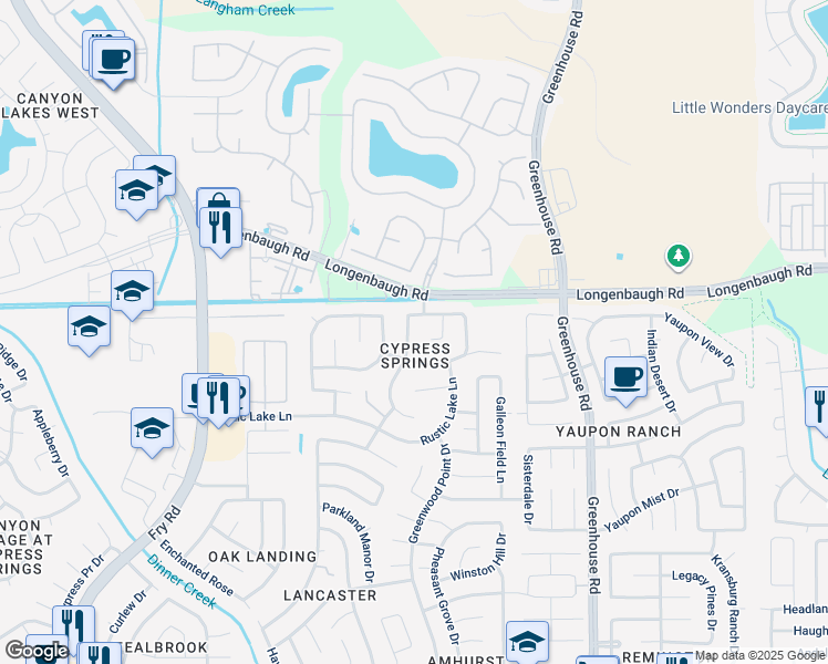 map of restaurants, bars, coffee shops, grocery stores, and more near 7926 Ashland Springs Lane in Cypress