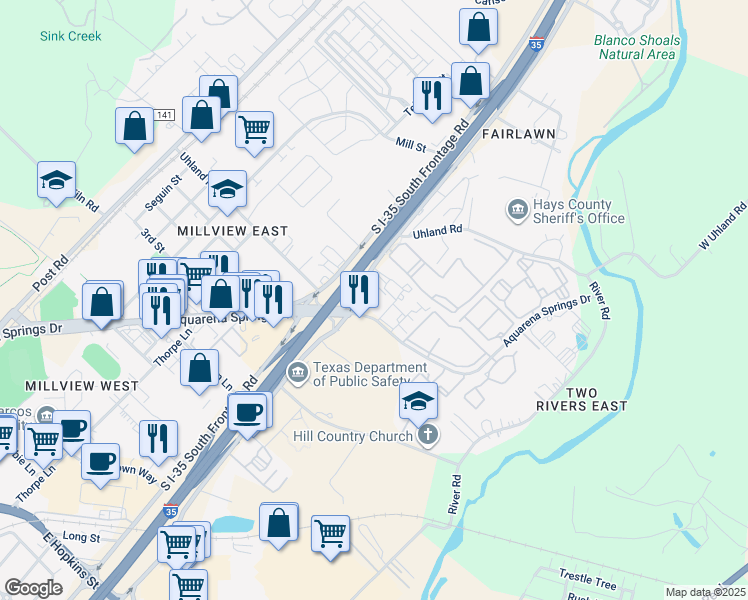 map of restaurants, bars, coffee shops, grocery stores, and more near 1600 North Interstate 35 in San Marcos