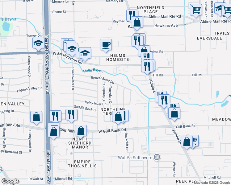 map of restaurants, bars, coffee shops, grocery stores, and more near 9230 Terrydale Drive in Houston
