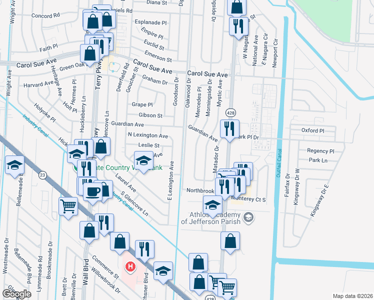 map of restaurants, bars, coffee shops, grocery stores, and more near 837 Oakwood Drive in Terrytown