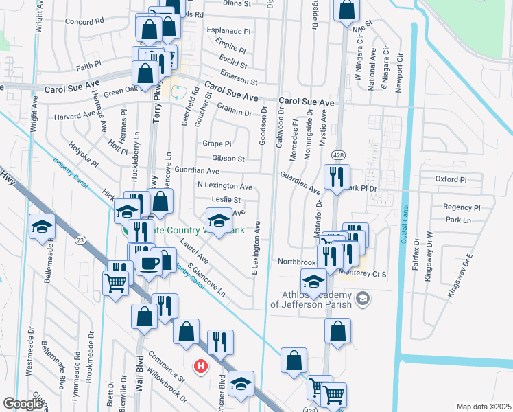 map of restaurants, bars, coffee shops, grocery stores, and more near 836 East Lexington Avenue in Gretna