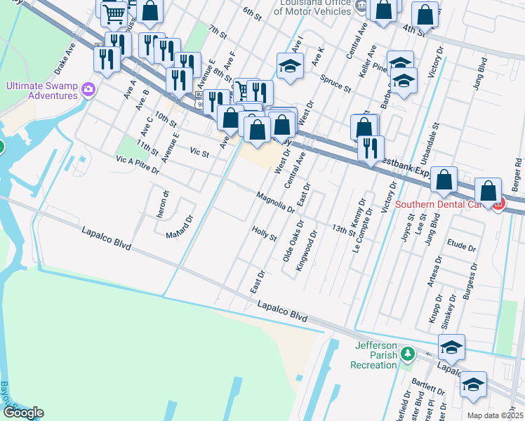 map of restaurants, bars, coffee shops, grocery stores, and more near 1222 West Drive in Westwego