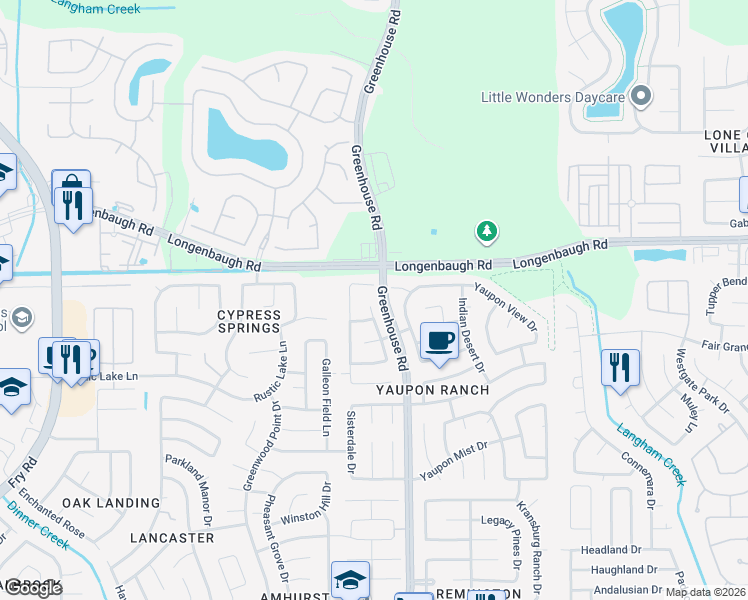 map of restaurants, bars, coffee shops, grocery stores, and more near 19503 Majestic Landing Lane in Cypress