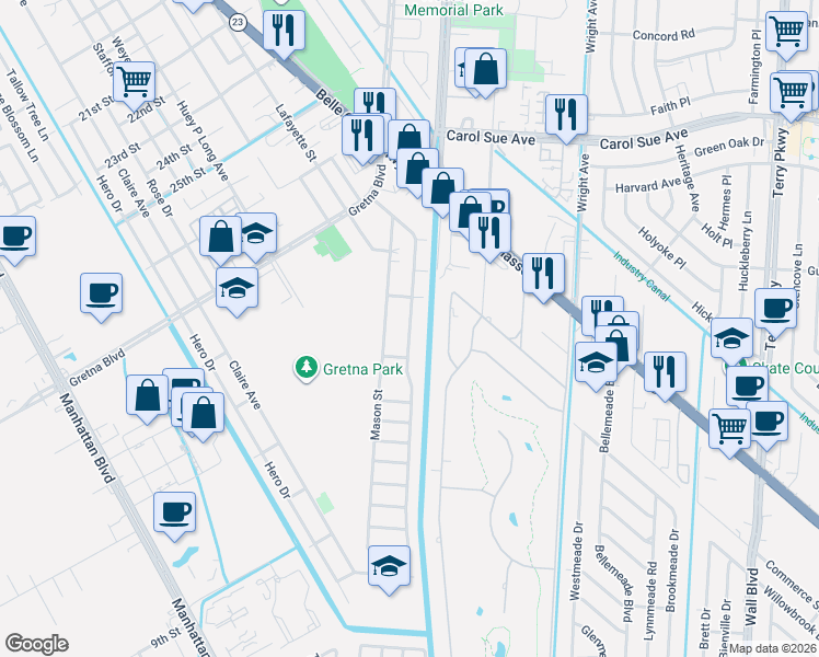 map of restaurants, bars, coffee shops, grocery stores, and more near 74 Creagan Avenue in Gretna