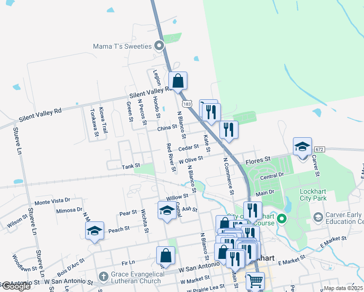 map of restaurants, bars, coffee shops, grocery stores, and more near 1003 North Blanco Street in Lockhart