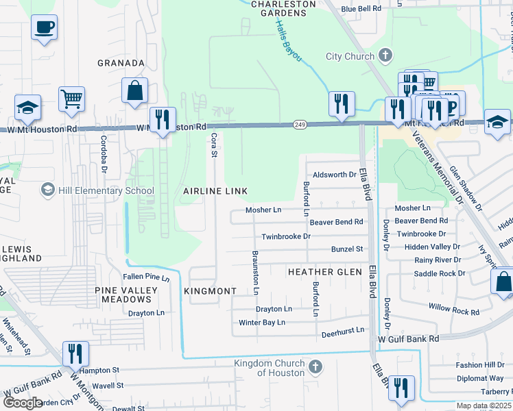 map of restaurants, bars, coffee shops, grocery stores, and more near 2162 Mosher Lane in Houston