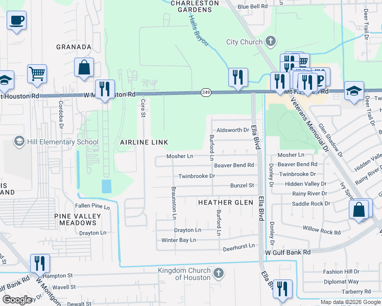 map of restaurants, bars, coffee shops, grocery stores, and more near 2134 Mosher Lane in Houston