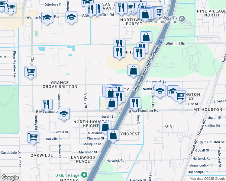 map of restaurants, bars, coffee shops, grocery stores, and more near 4918 Orange Grove Drive in Houston