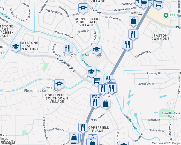 map of restaurants, bars, coffee shops, grocery stores, and more near 15711 Sweetwater Creek Drive in Houston