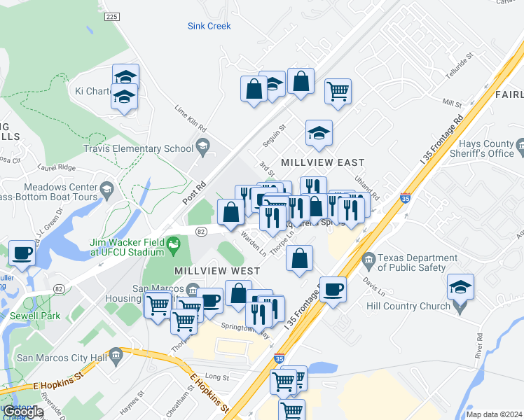 map of restaurants, bars, coffee shops, grocery stores, and more near 103 Meiners Street in San Marcos