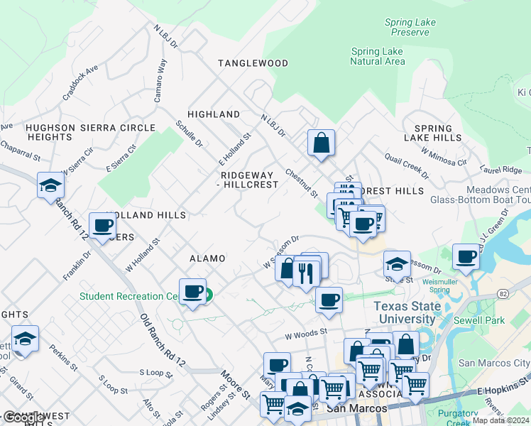 map of restaurants, bars, coffee shops, grocery stores, and more near 142 Windmill Drive in San Marcos