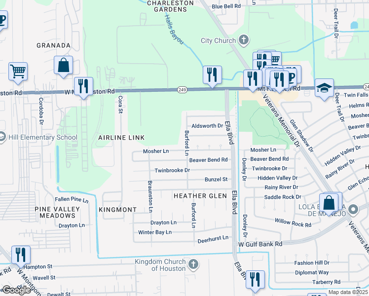 map of restaurants, bars, coffee shops, grocery stores, and more near 2102 Mosher Lane in Houston