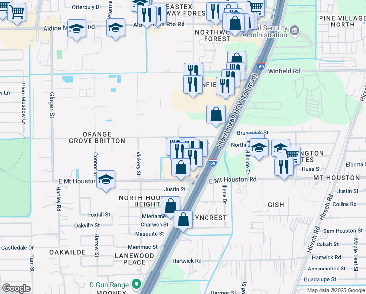 map of restaurants, bars, coffee shops, grocery stores, and more near 4918 Orange Grove Drive in Houston
