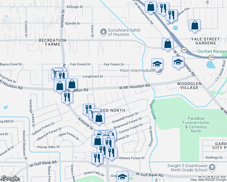 map of restaurants, bars, coffee shops, grocery stores, and more near 8715 Parkcrest Forest Drive in Houston