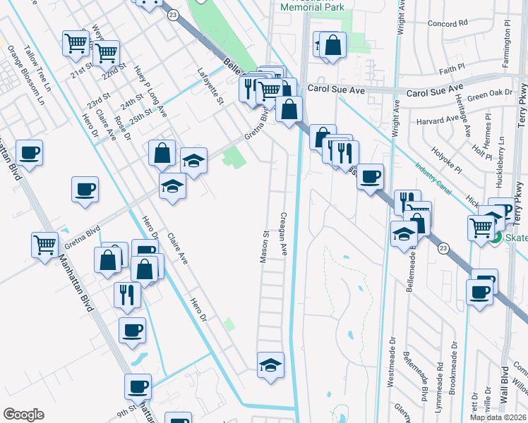 map of restaurants, bars, coffee shops, grocery stores, and more near 56 Mason Street in Gretna
