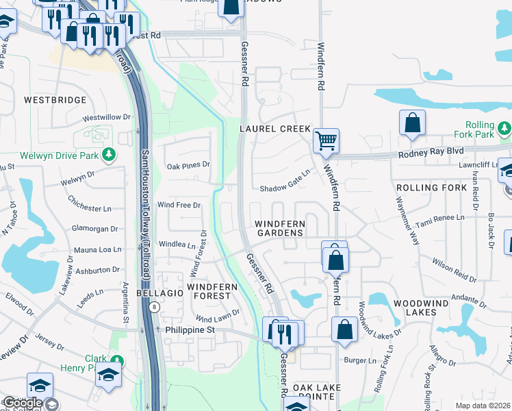 map of restaurants, bars, coffee shops, grocery stores, and more near 8335 Wind Willow Drive in Houston