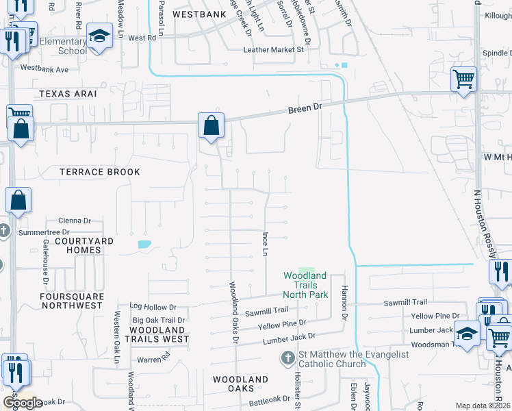 map of restaurants, bars, coffee shops, grocery stores, and more near 7803 Longshire Ln in Houston