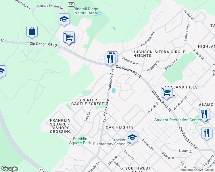map of restaurants, bars, coffee shops, grocery stores, and more near 1601 Ramona Circle in San Marcos