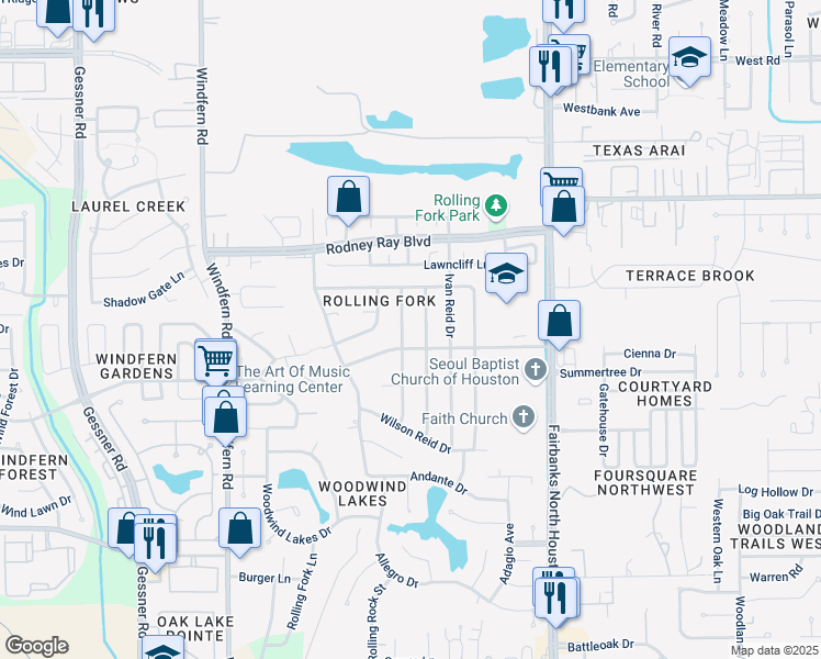 map of restaurants, bars, coffee shops, grocery stores, and more near 8310 Tiger Lane in Houston
