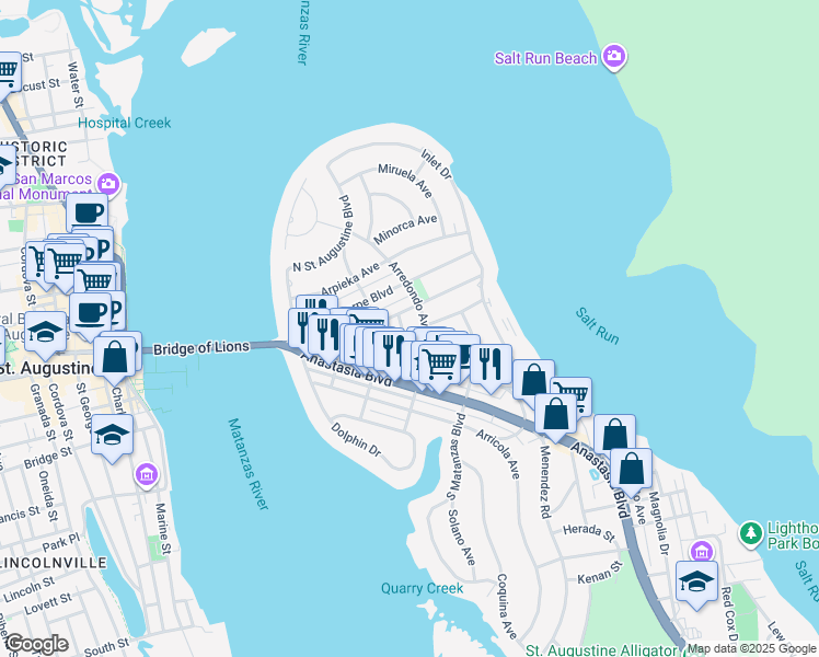 map of restaurants, bars, coffee shops, grocery stores, and more near 113 Coronado Street in St. Augustine