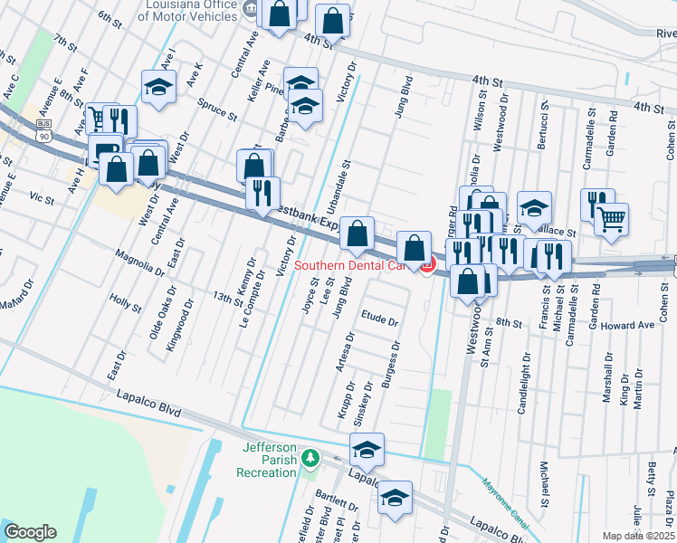 map of restaurants, bars, coffee shops, grocery stores, and more near 921 Lee Street in Marrero
