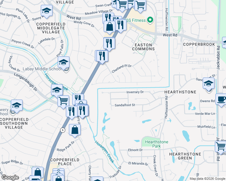 map of restaurants, bars, coffee shops, grocery stores, and more near 14966 Inverrary Drive in Houston
