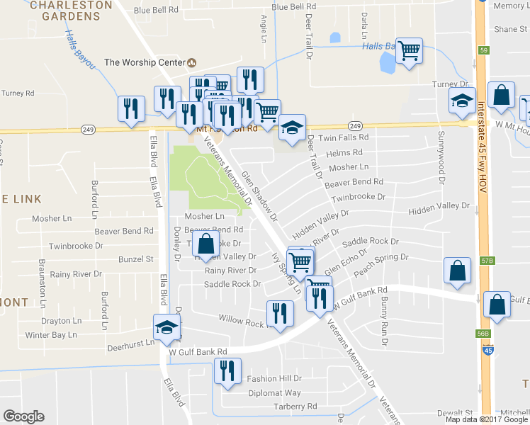map of restaurants, bars, coffee shops, grocery stores, and more near 9111 Glen Shadow Dr in Houston